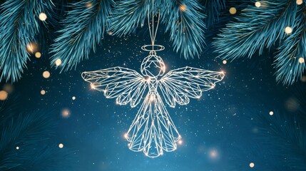 Fototapeta premium Geometric angel ornament hanging on pine branches for holiday