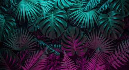 Fototapeta premium tropical monstera and fern leaves illuminated by turquoise and magenta neon light on dark botanical background