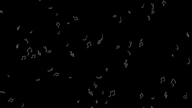 Numerous black musical notes of varied shapes and sizes gently falling, swaying, and swirling across the screen on a transparent background in a perfectly seamless motion graphic loop