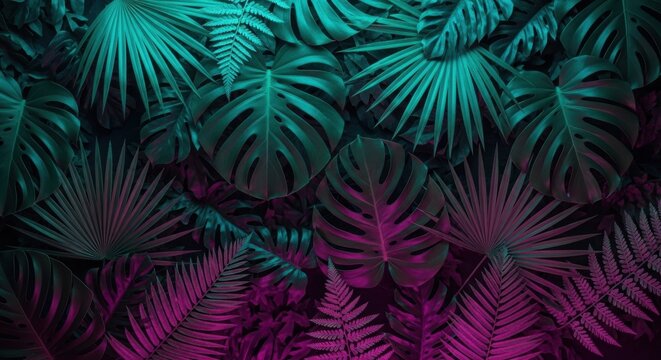 tropical monstera and fern leaves illuminated by turquoise and magenta neon light on dark botanical background