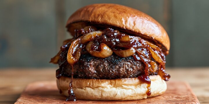 Closeup gourmet beef burger with caramelized onions and sticky glaze dripping from patty on toasted bun for menu poster and food background use