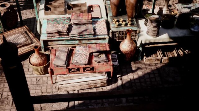 Brightly patterned textiles and handcrafted pottery are arranged on rustic tables at an outdoor market. Sunlight casts interesting shadows, enhancing the vibrant colors of the items.