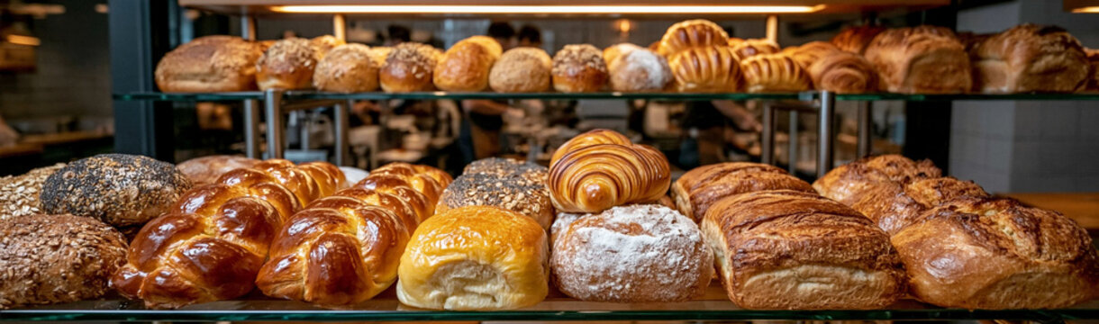 Bakery Display: Golden-brown breads and pastries arranged on glass shelves, showcasing variety and freshness in a warm, inviting bakery setting.