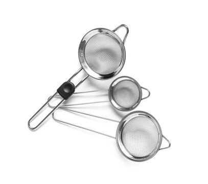 Food preparation and cooking tools, set of stainless steel kitchen strainers and mesh sieves for baking and culinary tasks on white background