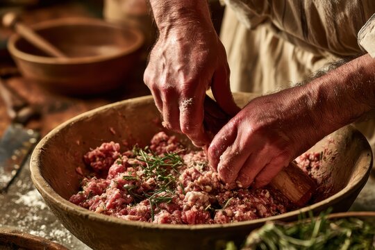 Close-up of hands mixing raw ground meat with fresh herbs in a wooden bowl. This highlights the artisanal process of preparing food from scratch.
