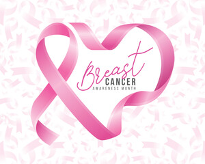 Naklejka na ściany i meble Breast cancer awareness month - Text in pink ribbon awareness roll to heart shape frame on soft pink ribbons texture background vector design