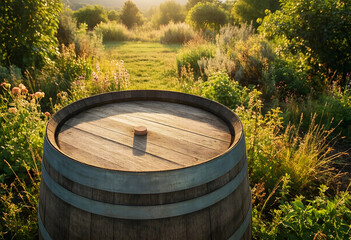 Naklejka premium Sustainability and organic farming wooden barrel in a lush garden at sunset for agriculture viticulture and natural food production concepts
