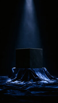 Solid Black Marble Monolithic Block Stage on Rich Midnight Velvet