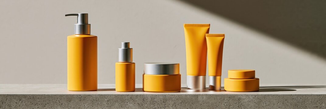 Symmetrical row of yellow cosmetic bottles tubes and jars on stone ledge for skincare product mockup and banner background for beauty packaging presentation