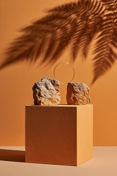 Minimal warm orange still life with two textured stones and circular metal ring on cube pedestal with palm shadow for background and display