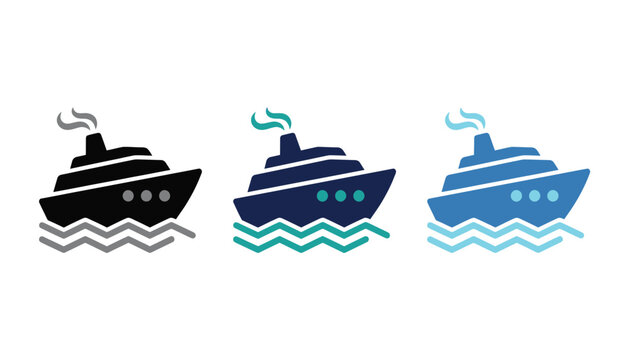 Set of three cruise ship icons in different shades of blue and black