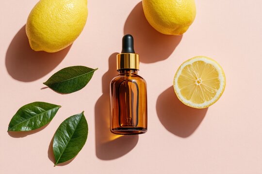 Overhead flatlay of amber dropper bottle with whole lemons, lemon half and green leaves on pastel pink background for beauty poster and product mockup