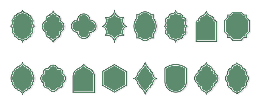 Decorative floral emblem, badge and label shapes vector set with geometric frame elements. ornamental badge shapes and  Islamic border. vector illustration.