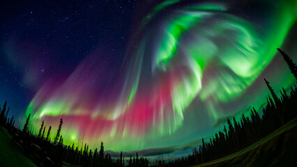 Brilliant green and red aurora borealis lights over Alaskan forest night sky © Leon Burda