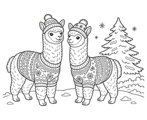 Fototapeta premium Cute alpacas in sweaters and hats coloring page for kids.