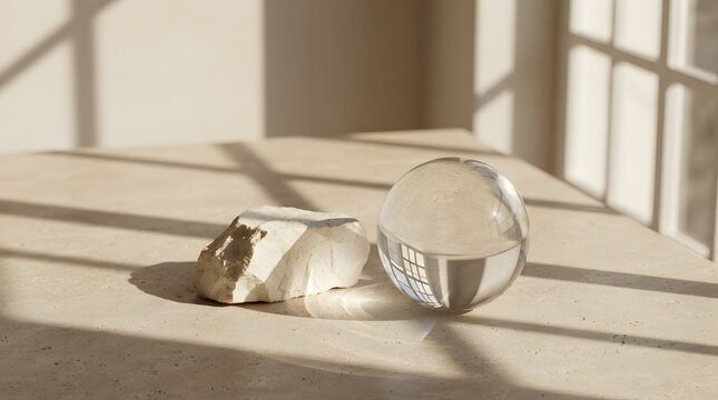Glass sphere and stone on a textured surface with window light