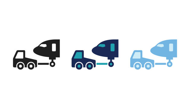 Aircraft pushback tug towing airplane icon set, airport ground support equipment vector illustration