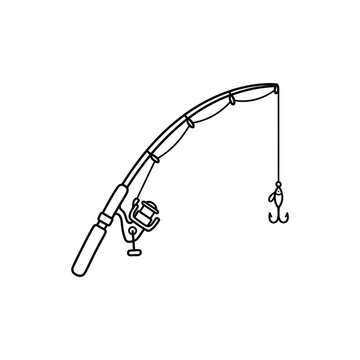 This minimalist hand-drawn doodle features a fishing rod with a spinning reel and a treble hook lure, perfect for outdoor hobbyist designs.