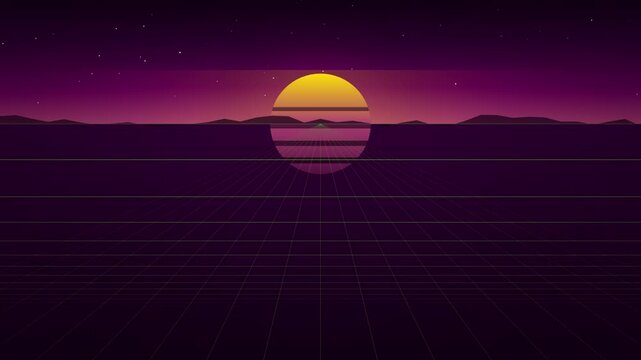 Looping retro synthwave sunset grid landscape background with vibrant purple and yellow hues