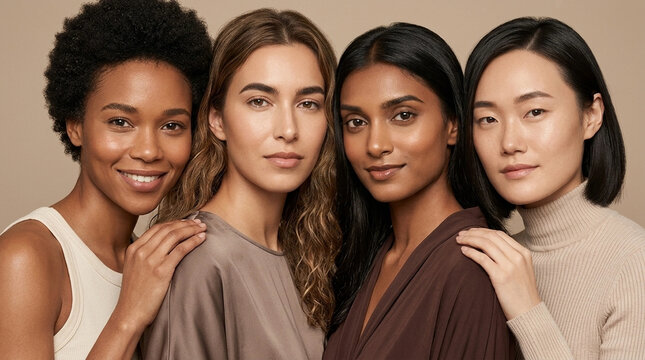 Four diverse women posing together in a studio portrait with soft lighting and natural expressions