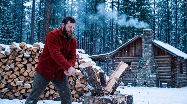 Off Grid Homesteader Splitting Firewood With Axe Beside Snowy Cabin
