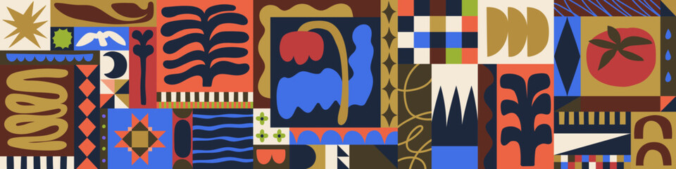 Obraz na płótnie Canvas Abstract background with geometric blocks patterns. Horizontal mosaic collage with modern minimal shapes, organic plants. Composition with art geometry forms, doodle figures. Flat vector illustration
