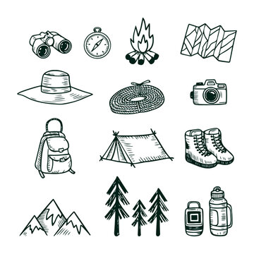 Camping and Outdoor Adventure Hand Drawn Doodle Icon Set Vector Illustration. Hand Drawn Camping Equipment Icons with Tent Campfire Compass Backpack and Mountains. 