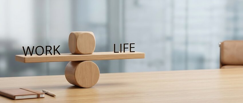 Concept of work-life balance illustrated by wooden words on a seesaw scale on an office desk with a notebook and pen, representing the challenge of maintaining professional and personal harmony.