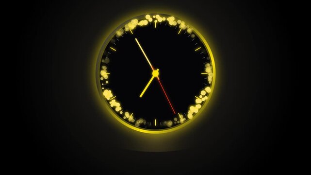 Elegant glowing golden clock with shimmering particles and dark background for time concept design