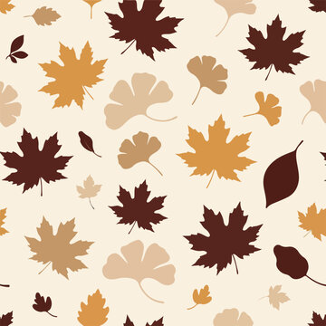 Autumn Leaves Seamless Pattern Background. Fall Leaves Vector Pattern in Warm Colors. Seamless Autumn Foliage Pattern with Ginkgo and Maple. Minimalist Fall Leaf Pattern for Textile and Paper Design. 