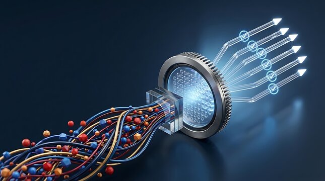 Conceptual 3D illustration of a data processing hub where chaotic inputs are transformed into organized, verified digital outputs with glowing checkmarks and directional arrows for technology.