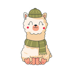 Fototapeta premium Cute Sitting Llama Wearing Beanie Hat And Scarf Vector Illustration