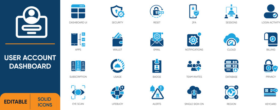 User Account Dashboard and Profile Settings Icon Set. Containing Account Settings, Access Control, Authenticate, Admin, User, Login and more. Solid editable vector icons collection