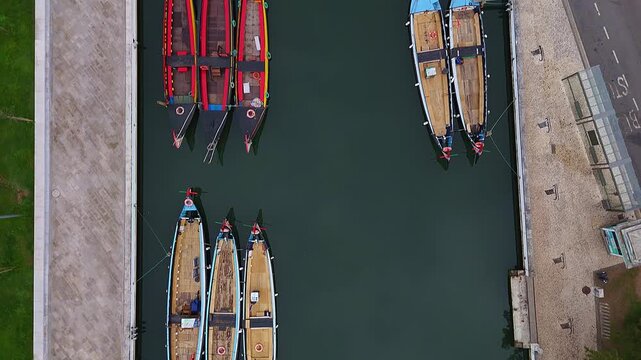 Aerial View of Traditional Moliceiro Boats Moored Along the Canals of Aveiro, Portugal