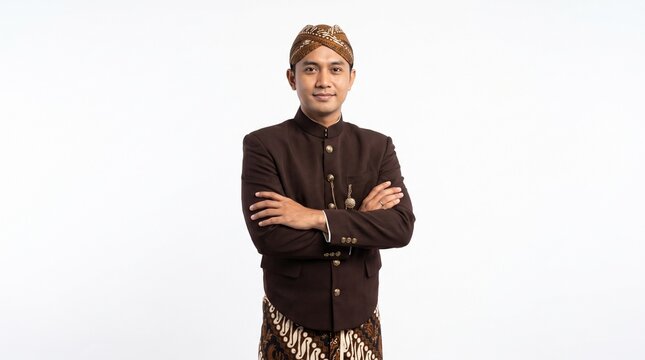 Smiling young Indonesian man in traditional Javanese attire, proudly presenting his rich cultural heritage with arms crossed against a clean white studio background