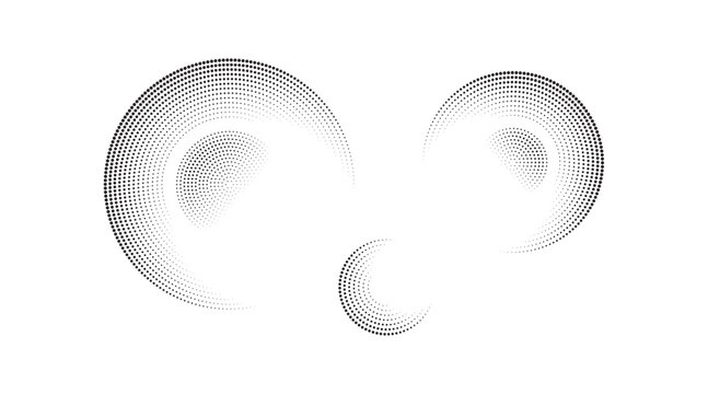 Dotted crescent swirls vector set. Three black halftone curved arcs with small inner half circles and fading tails, abstract moon shapes, spinning motion design elements on white