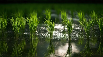 Fototapeta premium Fresh Green Rice Plants Growing in Water Paddy Field with Reflection