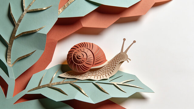 Paper cut snail crawling on a layered green leaf