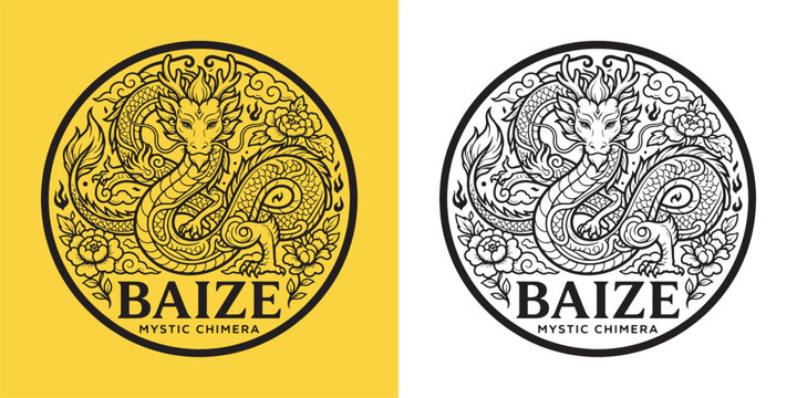 Baize Mystic Chimera Chinese Dragon Circular Emblem Vector Illustration with Peony Flowers and Clouds