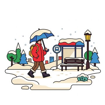 A charming vector illustration of a person walking with an umbrella through a snowy winter landscape past a bus stop.