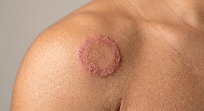 Macro view of a distinct red circular ringworm fungal infection tinea corporis on a male shoulder