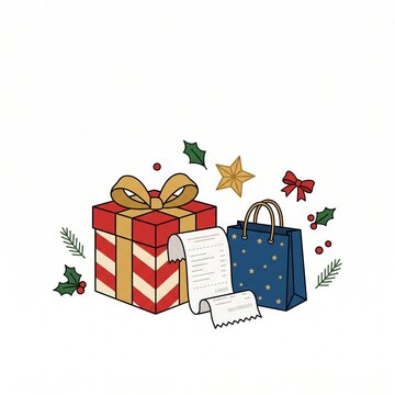 Festive vector illustration showing a wrapped Christmas gift box, shopping bag, long receipt, and decorative holiday greenery on a white background.   