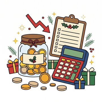 Plan holiday finances with a money jar full of coins, calculator, gifts, list clipboard, and a down arrow representing savings.   