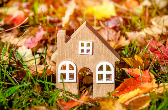 The symbol of the house stands among the fallen autumn leaves

