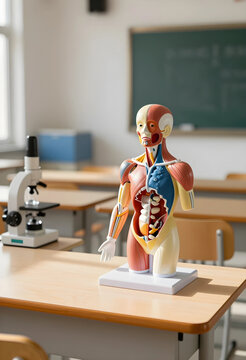 Anatomy education and medical science, human torso model with microscope on a classroom desk for biology study and healthcare training in a school lab