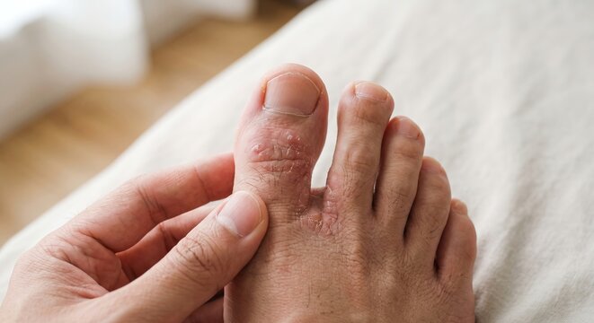 Patient hands inspecting a big toe afflicted with severe athlete foot fungus or dyshidrotic eczema peeling skin