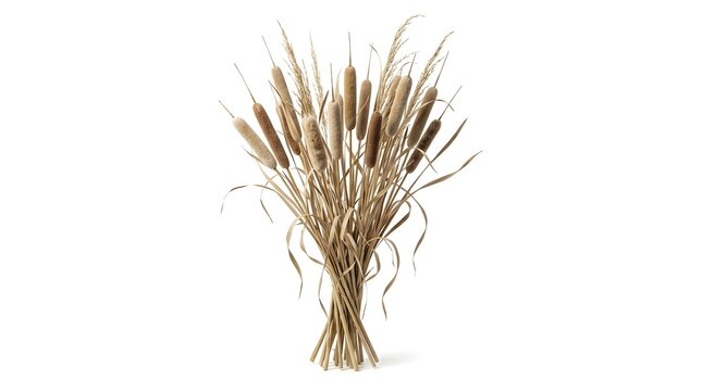 Dried cattails and tall wild grasses tied in rustic decorative bouquet on white backdrop.