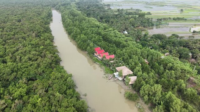 Sundarbans Ecotourism Landscape with Riverside Buildings, Aerial View, Bangladesh
