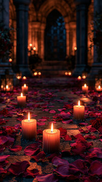 Ancient stone crypt floor, candle light, rose petal, gothic arch, romantic mood, dark interior