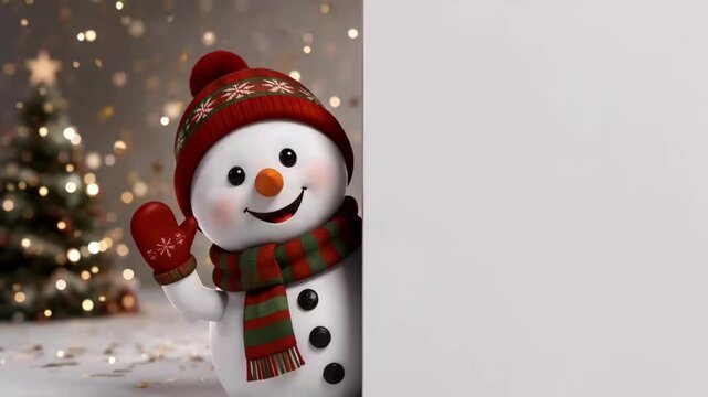 Animated Snowman in Red Hat and Striped Scarf Waving from Behind a Blank White Board with Blurry Christmas Tree Lights in the Background for Festive Greetings